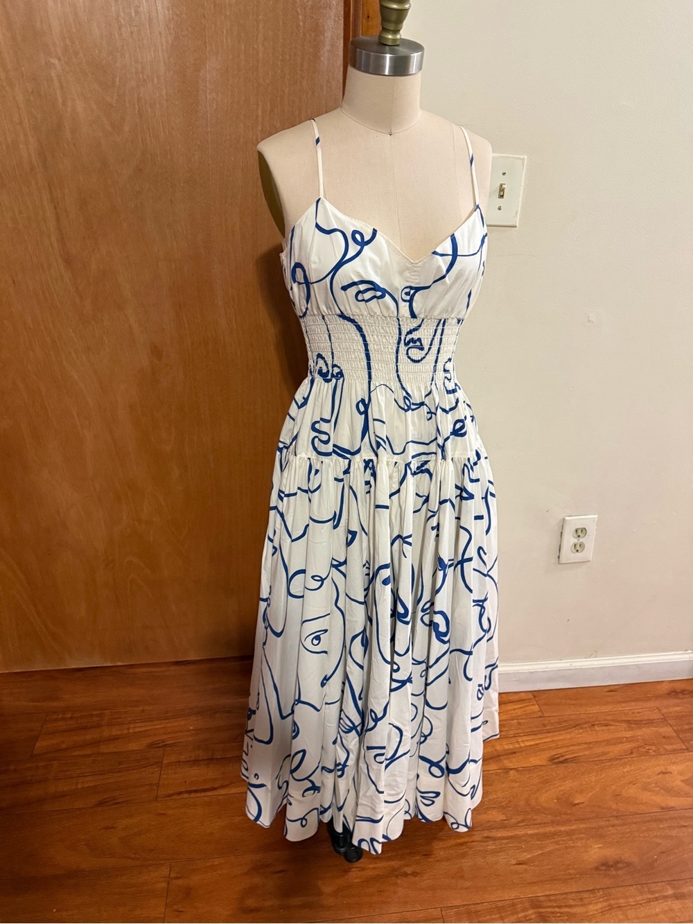 La Ligne White Midi Dress with Blue Abstract Face Print